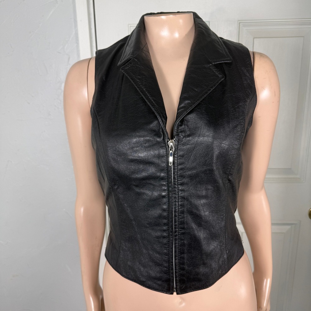 Vintage Y2K Maxima Wilson Leather Shirt Jacket Vest Zip Collar V neck Small H23